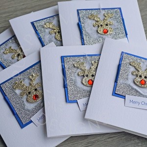 Handmade Christmas Card Pack "Cute sparkly reindeer" small 10cm cards